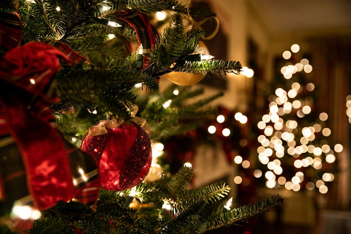 Decorated Christmas tree with warm white lights and red ornaments